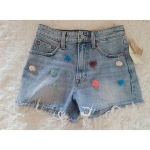 Lucky Brand Womens Lucky Pins High Rise Pompom Jean Shorts Frayed Hem Sz 24 NWT